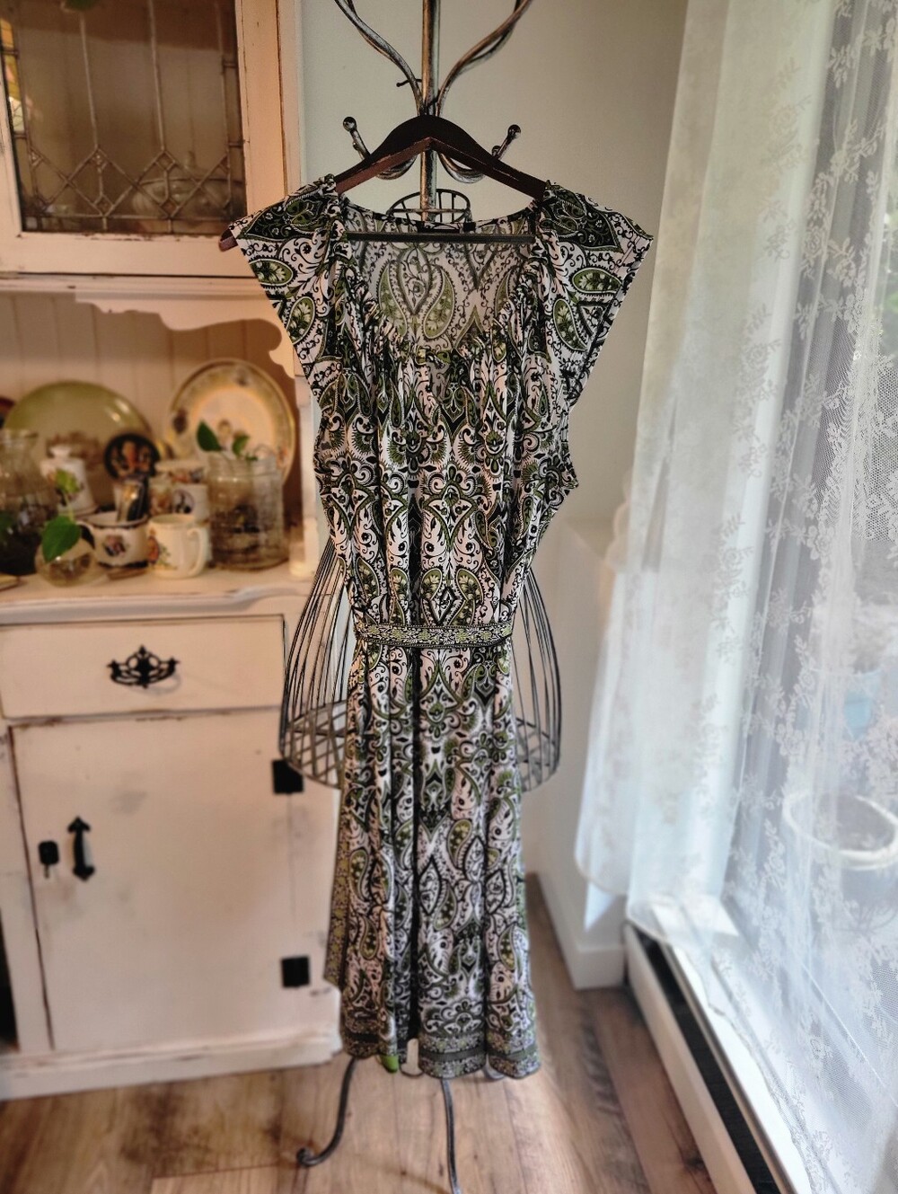 Olive Green Midi Jersey Short Sleeve Belted Office Dress With Paisley Pattern